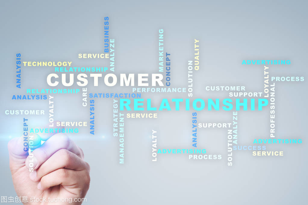 客戶關(guān)系管理理念在虛擬屏幕上。詞云